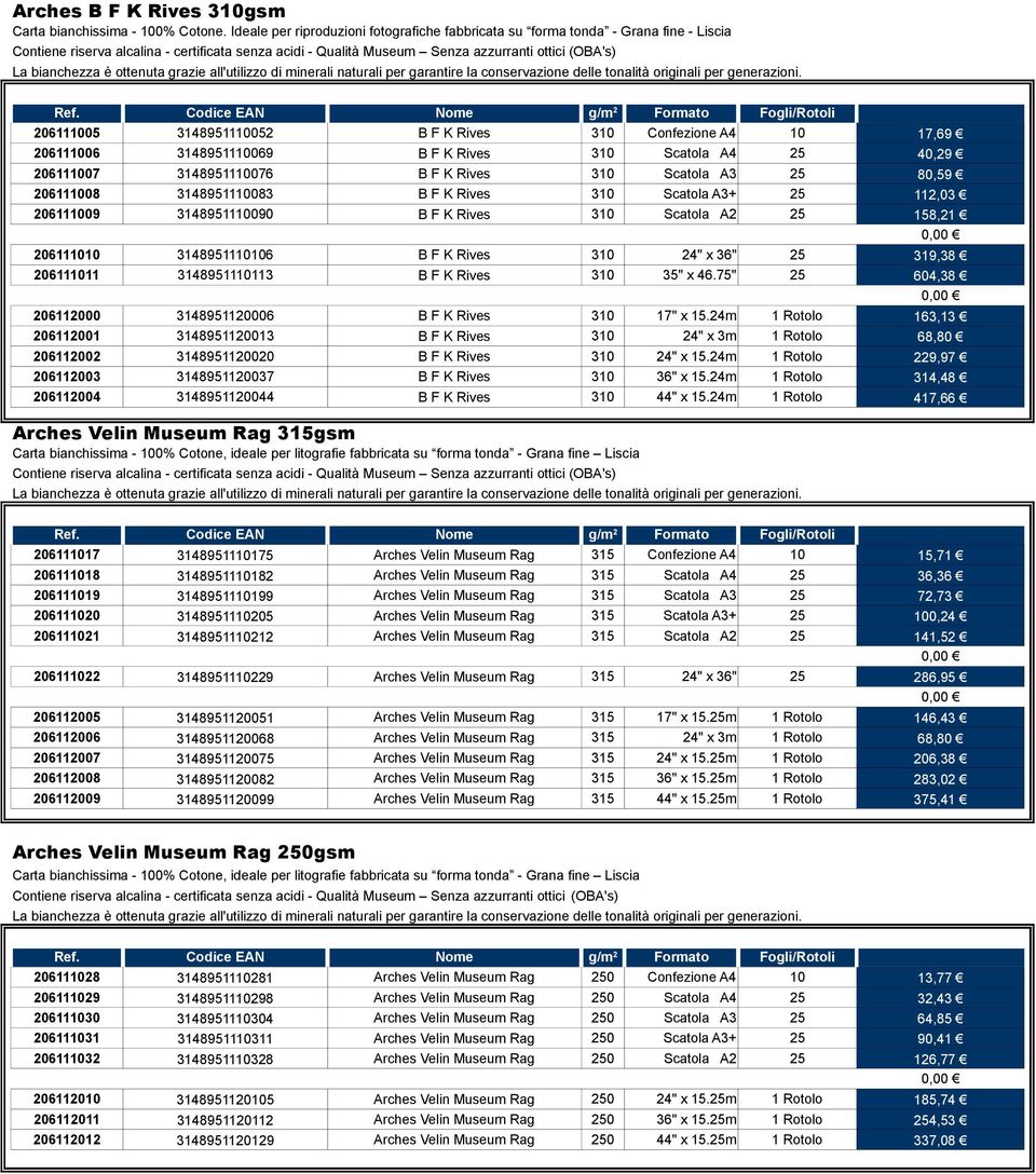 25 40,29 206111007 3148951110076 B F K Rives 310 Scatola A3 25 80,59 206111008 3148951110083 B F K Rives 310 Scatola A3+ 25 112,03 206111009 3148951110090 B F K Rives 310 Scatola A2 25 158,21