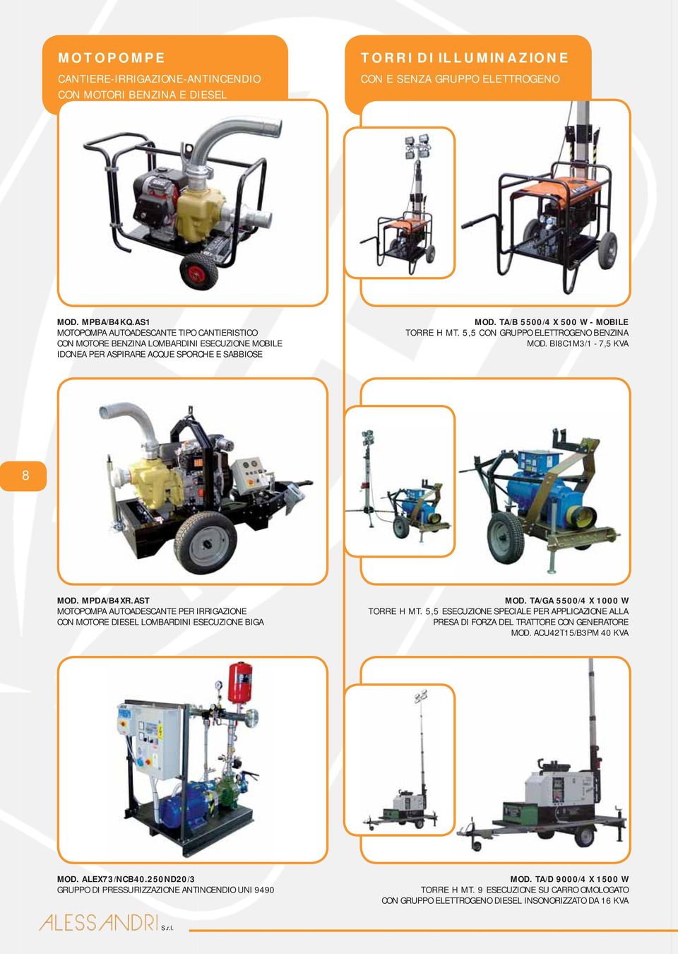 5,5 CON GRUPPO ELETTROGENO BENZINA MOD. BI8C1M3/1-7,5 KVA 8 MOD. MPDA/B4XR.AST MOTOPOMPA AUTOADESCANTE PER IRRIGAZIONE CON MOTORE DIESEL LOMBARDINI ESECUZIONE BIGA MOD.