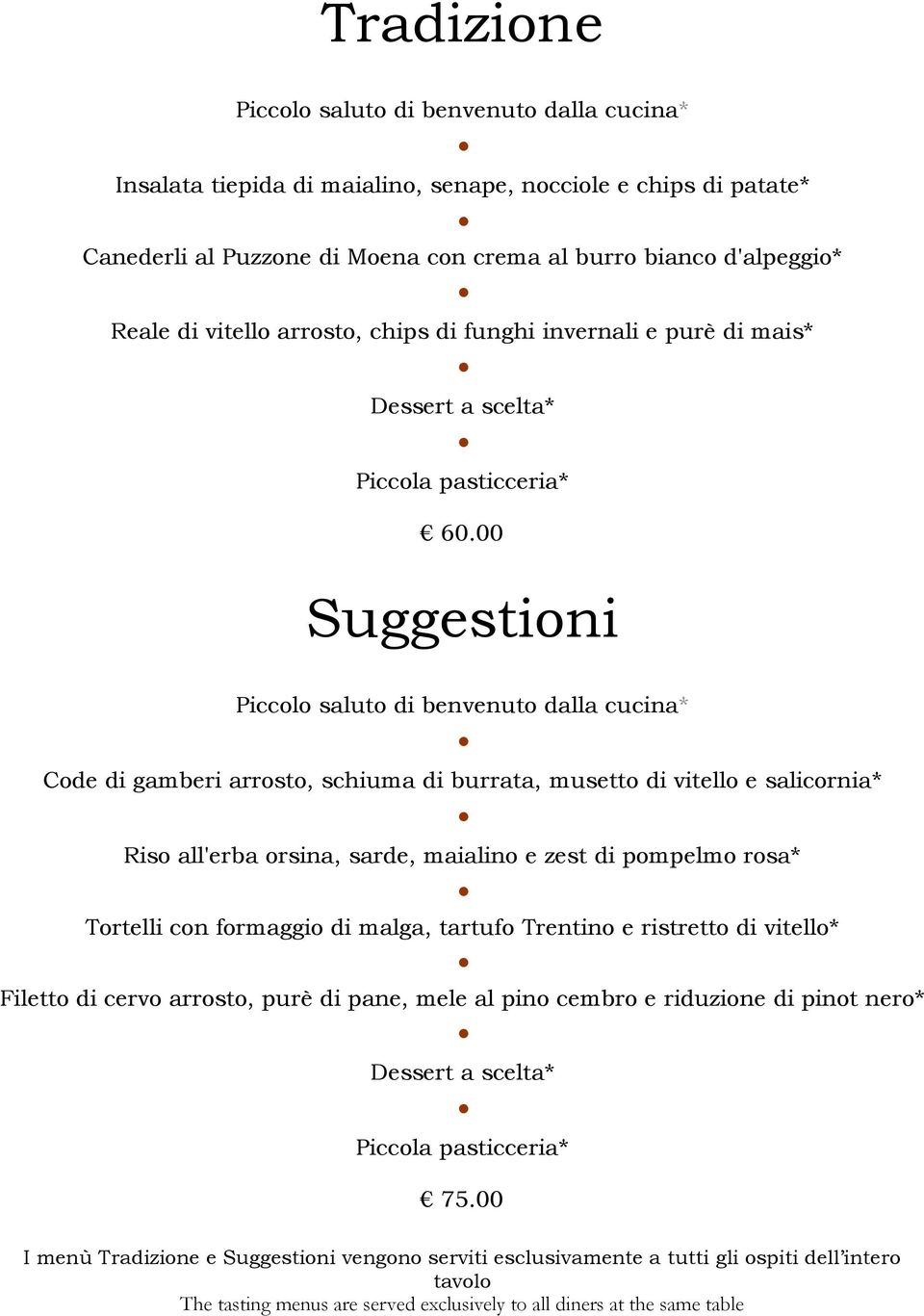 00 Suggestioni Piccolo saluto di benvenuto dalla cucina* Code di gamberi arrosto, schiuma di burrata, musetto di vitello e salicornia* Riso all'erba orsina, sarde, maialino e zest di pompelmo rosa*