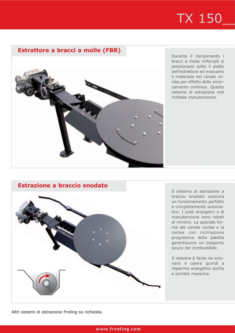 Estrazione a braccio snodato Il sistema di estrazione a braccio snodato assicura un funzionamento perfetto e completamente automatico. I costi energetici e di manutenzione sono ridotti al minimo.