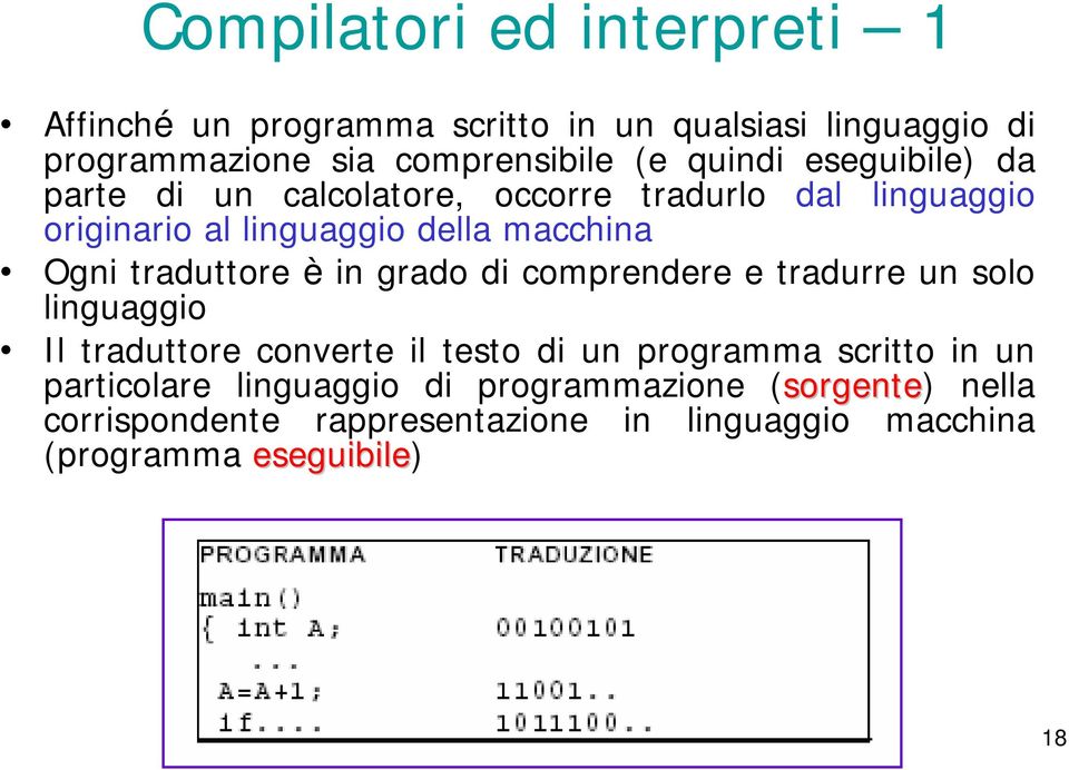 grado di comprendere e tradurre un solo linguaggio Il traduttore converte il testo di un programma scritto in un particolare linguaggio