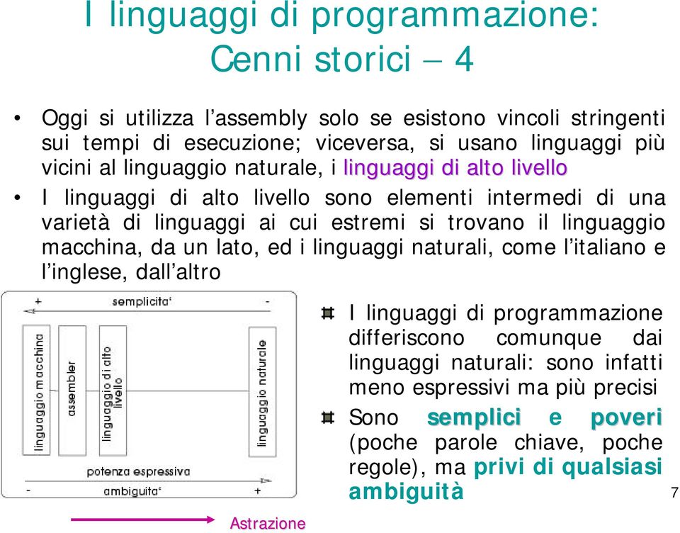estremi si trovano il linguaggio macchina, da un lato, ed i linguaggi naturali, come l italiano e l inglese, dall altro Astrazione I linguaggi di programmazione