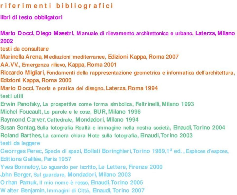 , Emergenza rilievo, Kappa, Roma 2001 Riccardo Migliari, Fondamenti della rappresentazione geometrica e informatica dell architettura, Edizioni Kappa, Roma 2000 Mario Docci, Teoria e pratica del