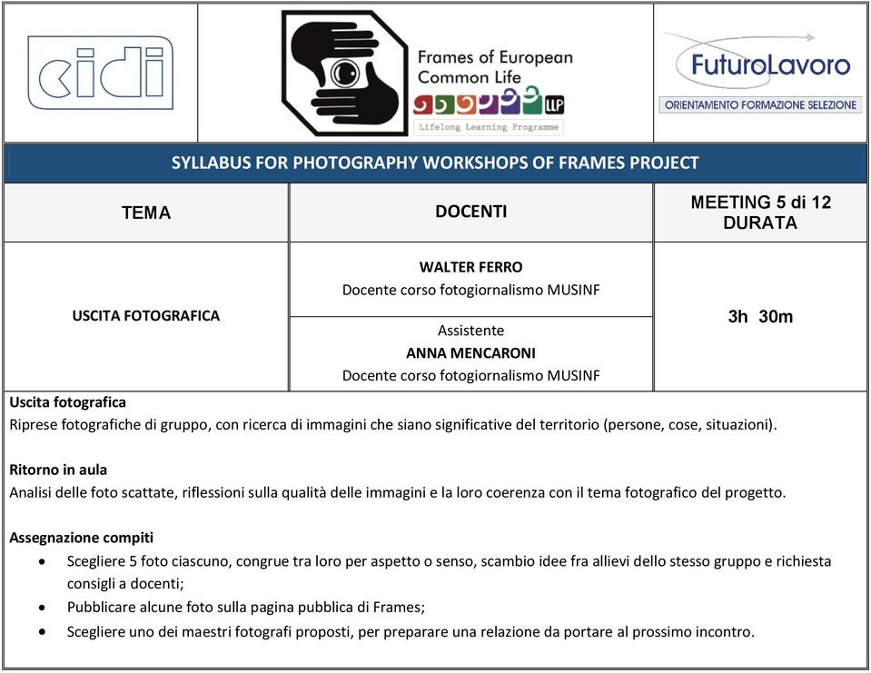 Ritorno in aula Analisi delle foto scattate, riflessioni sulla qualità delle immagini e la loro coerenza con il tema fotografico del progetto.