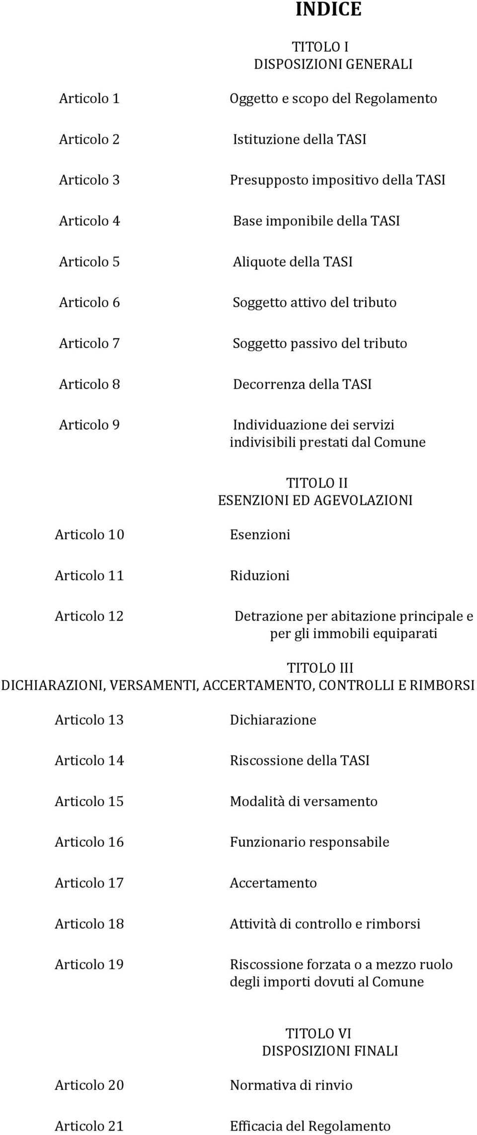 prestati dal Comune TITOLO II ESENZIONI ED AGEVOLAZIONI Articolo 10 Articolo 11 Articolo 12 Esenzioni Riduzioni Detrazione per abitazione principale e per gli immobili equiparati TITOLO III