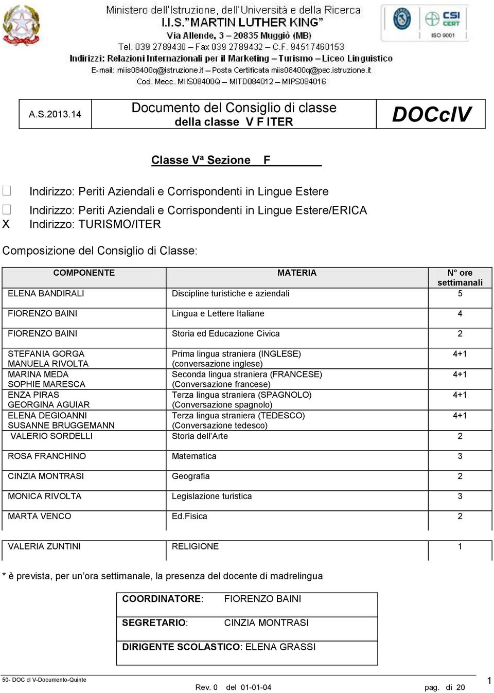 Lingue Estere/ERICA Indirizzo: TURISMO/ITER Composizione del Consiglio di Classe: COMPONENTE MATERIA N ore settimanali ELENA BANDIRALI Discipline turistiche e aziendali 5 FIORENZO BAINI Lingua e