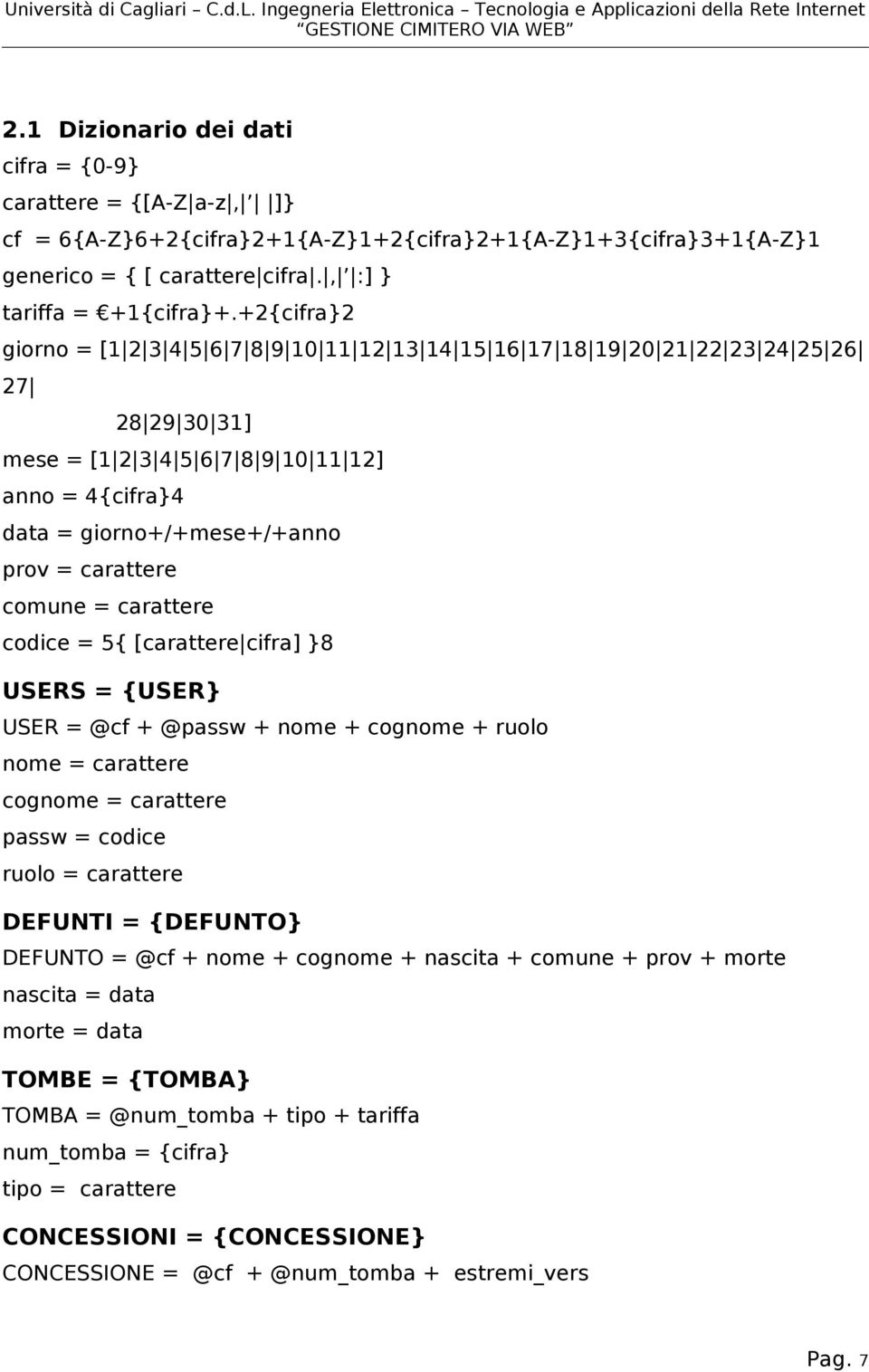 carattere comune = carattere codice = 5{ [carattere cifra] 8 USERS = {USER USER = @cf + @passw + nome + cognome + ruolo nome = carattere cognome = carattere passw = codice ruolo = carattere DEFUNTI =