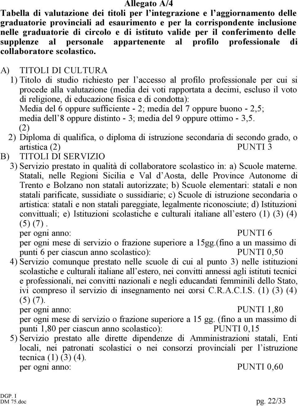 A) TITOLI DI CULTURA 1) Titolo di studio richiesto per l accesso al profilo professionale per cui si procede alla valutazione (media dei voti rapportata a decimi, escluso il voto di religione, di