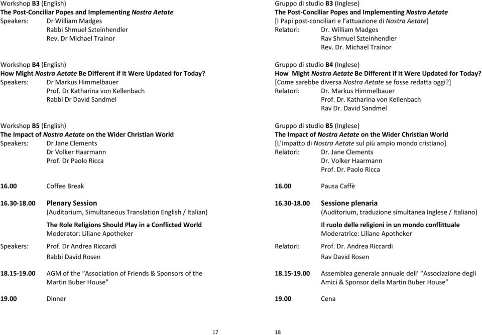 Dr Katharina von Kellenbach Rabbi Dr David Sandmel Workshop B5 (English) The Impact of Nostra Aetate on the Wider Christian World Speakers: Dr Jane Clements Dr Volker Haarmann Prof. Dr Paolo Ricca 16.