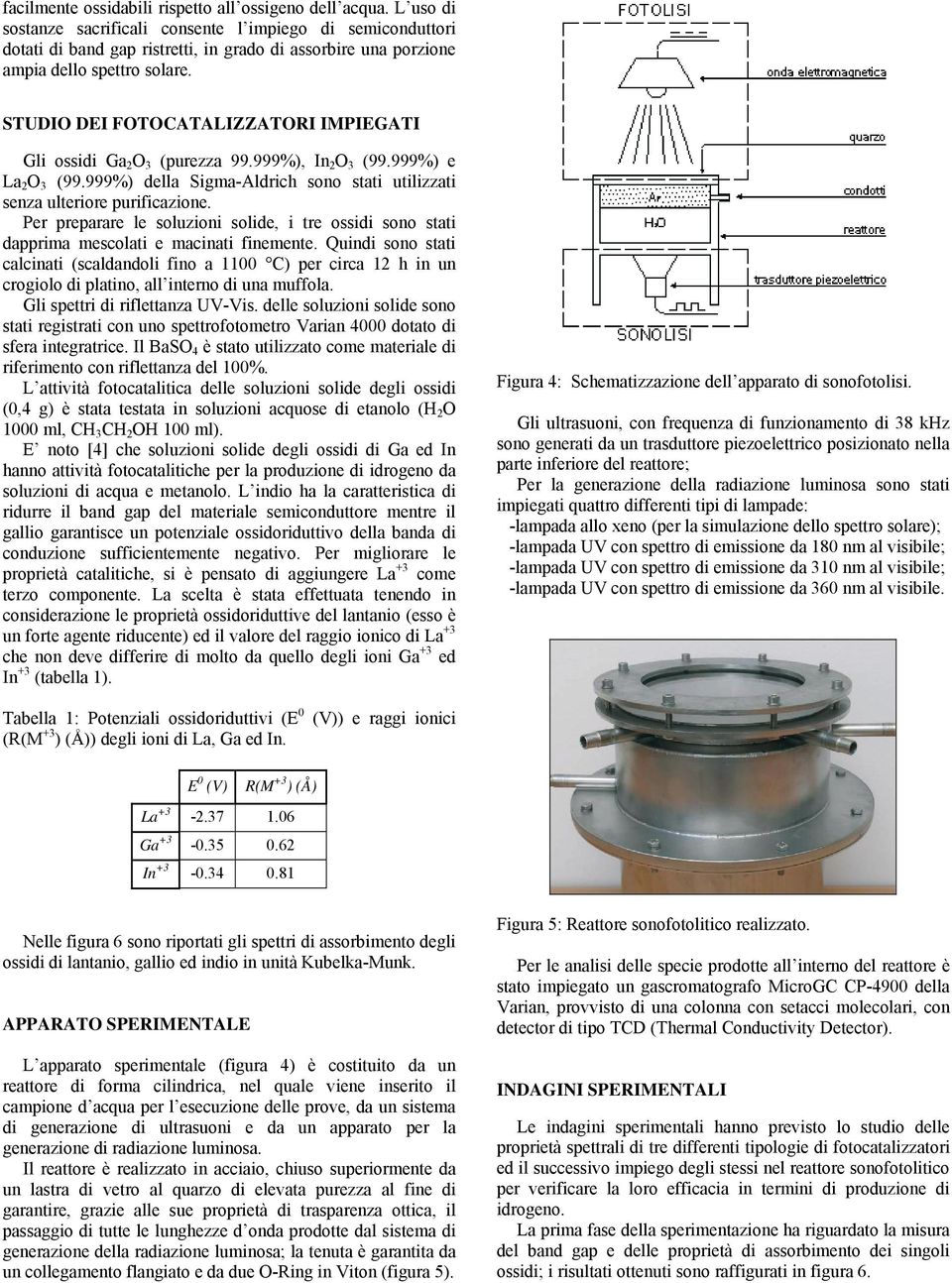 STUDIO DEI FOTOCATALIZZATORI IMPIEGATI Gli ossidi Ga 2 (purezza 99.999%), In 2 (99.999%) e La 2 (99.999%) della Sigma-Aldrich sono stati utilizzati senza ulteriore purificazione.