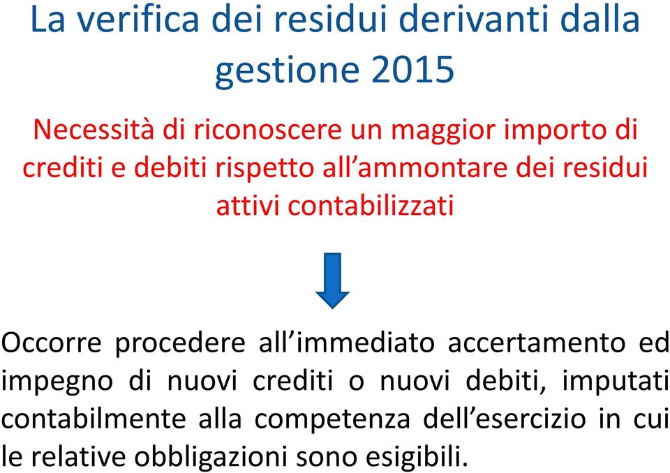 Occorre procedere all immediato accertamento ed impegno di nuovi crediti o nuovi debiti,