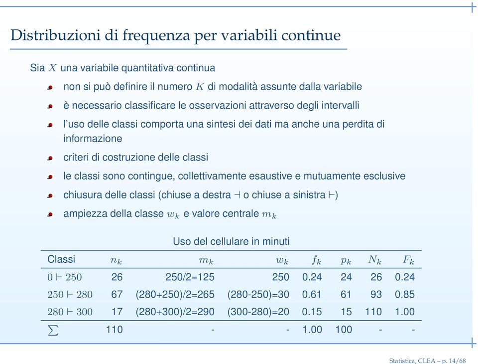 osservazioni attraverso degli intervalli l uso delle classi comporta una sintesi dei dati ma anche una perdita di informazione criteri di costruzione delle classi le classi sono contingue,