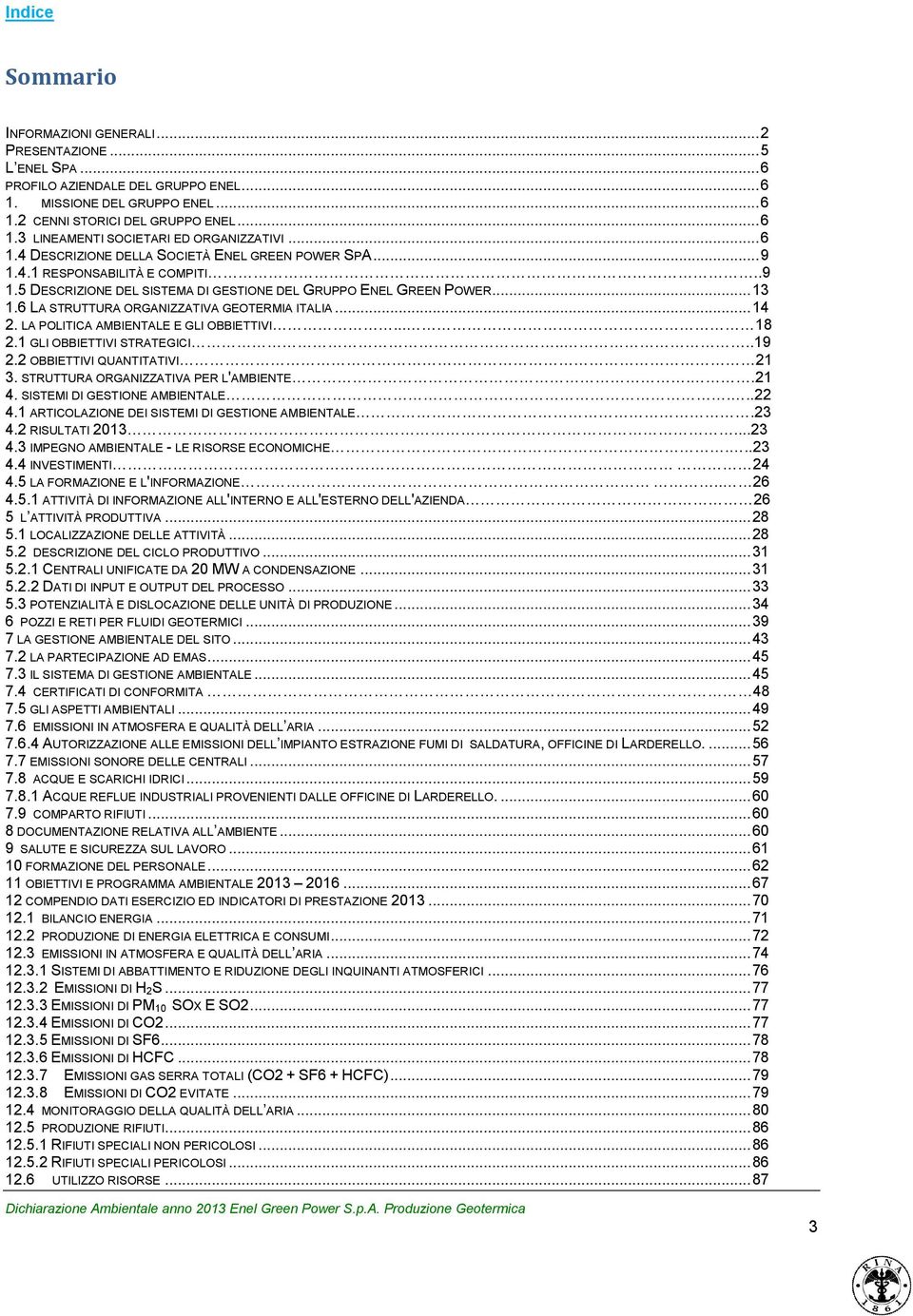 6 LA STRUTTURA ORGANIZZATIVA GEOTERMIA ITALIA... 14 2. LA POLITICA AMBIENTALE E GLI OBBIETTIVI... 18 2.1 GLI OBBIETTIVI STRATEGICI....19 2.2 OBBIETTIVI QUANTITATIVI 21 3.