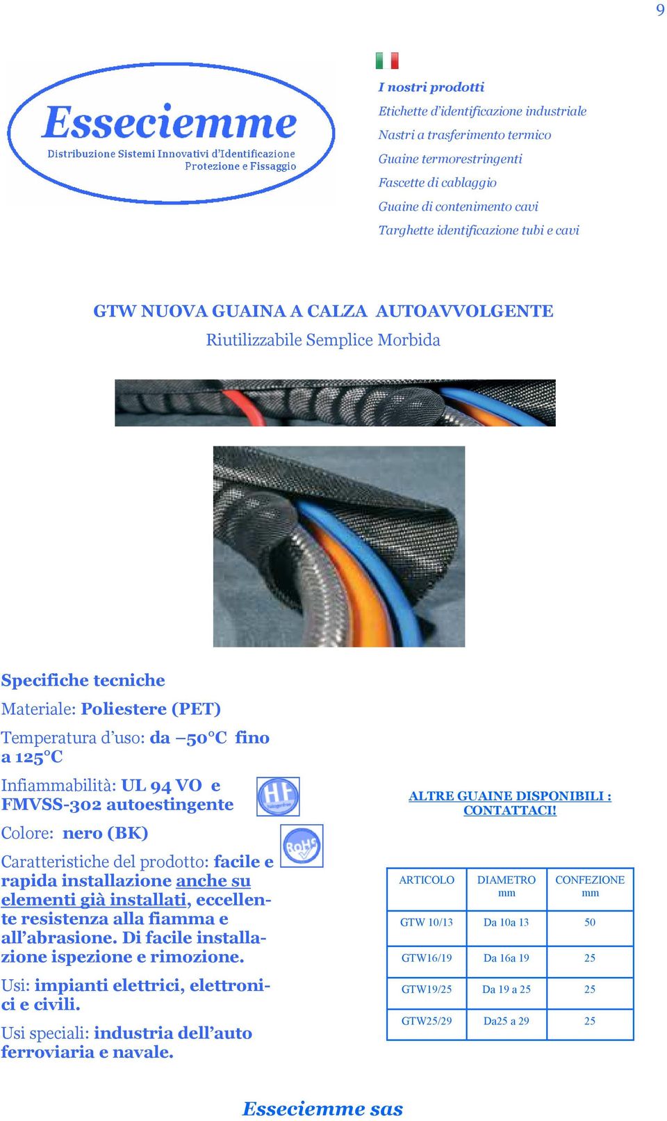 e all abrasione. Di facile installazione ispezione e rimozione. Usi: impianti elettrici, elettronici e civili. Usi speciali: industria dell auto ferroviaria e navale.