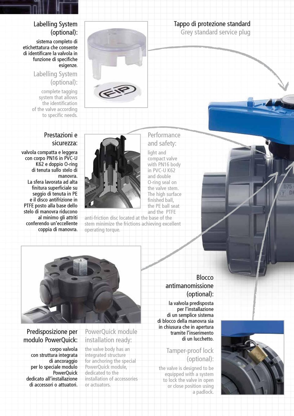 Tappo di protezione standard Grey standard service plug Prestazioni e sicurezza: valvola compatta e leggera con corpo PN16 in PVC-U K62 e doppio O-ring di tenuta sullo stelo di manovra.