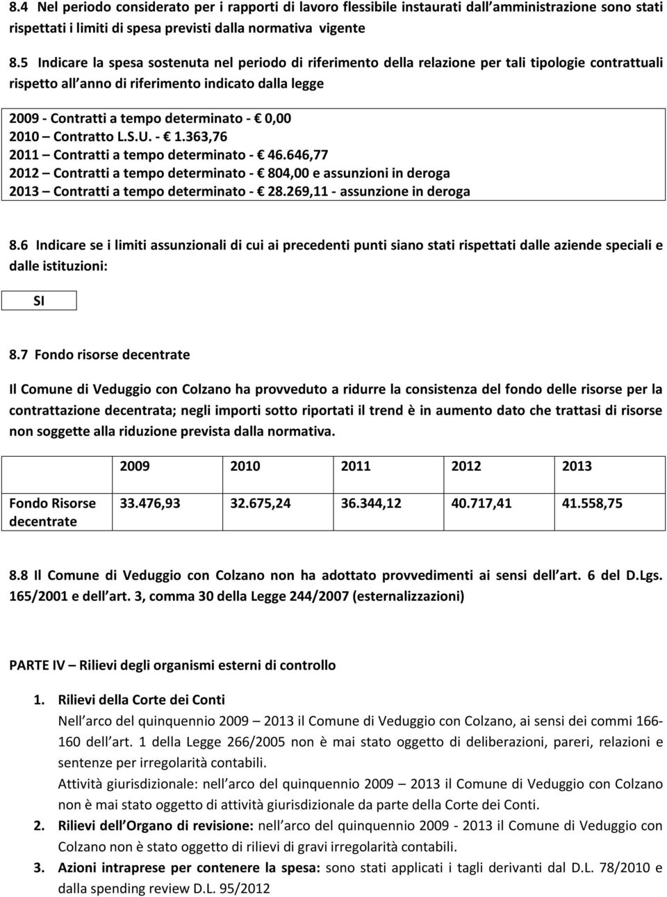 0,00 2010 Contratto L.S.U. - 1.363,76 2011 Contratti a tempo determinato - 46.646,77 2012 Contratti a tempo determinato - 804,00 e assunzioni in deroga 2013 Contratti a tempo determinato - 28.