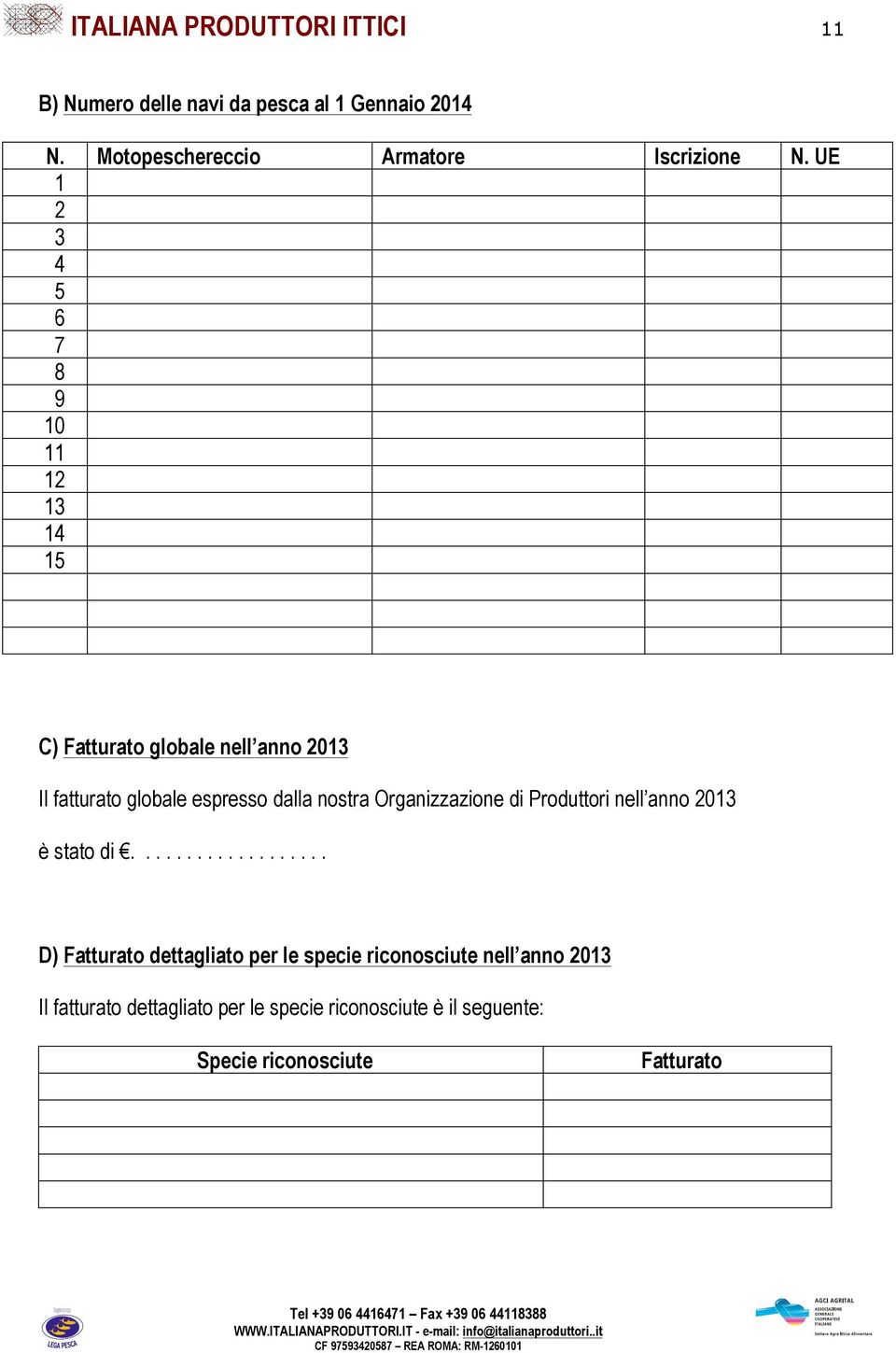 UE 1 2 3 4 5 6 7 8 9 10 11 12 13 14 15 C) Fatturato globale nell anno 2013 Il fatturato globale espresso dalla nostra