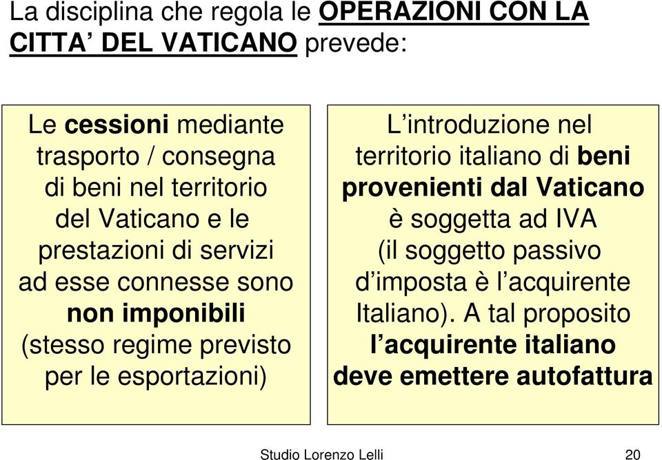 esportazioni) L introduzione nel territorio italiano di beni provenienti dal Vaticano è soggetta ad IVA (il soggetto