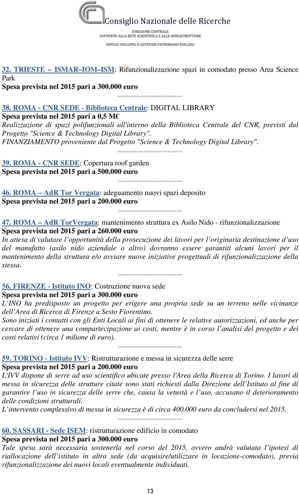 "Science & Technology Digital Library". FINANZIAMENTO proveniente dal Progetto "Science & Technology Digital Library". 39. ROMA - CNR SEDE: Copertura roof garden Spesa prevista nel 2015 pari a 500.