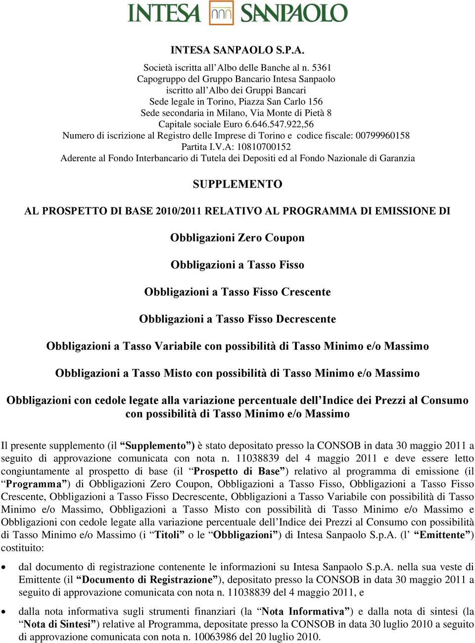 Euro 6.646.547.922,56 Numero di iscrizione al Registro delle Imprese di Torino e codice fiscale: 00799960158 Partita I.V.