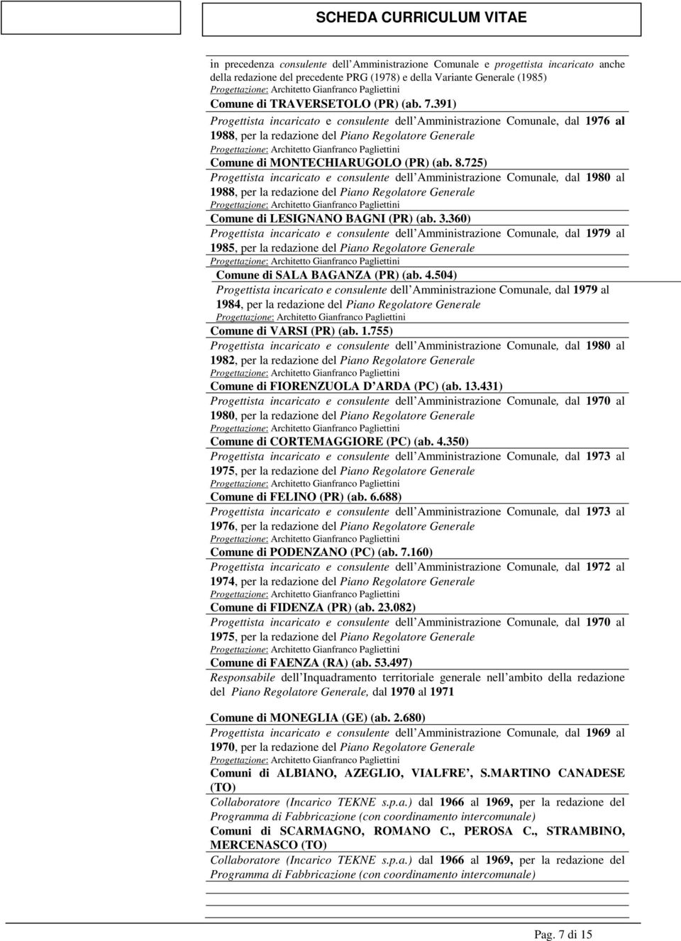 725) Progettista incaricato e consulente dell Amministrazione Comunale, dal 1980 al 1988, per la redazione del Piano Regolatore Generale Comune di LESIGNANO BAGNI (PR) (ab. 3.