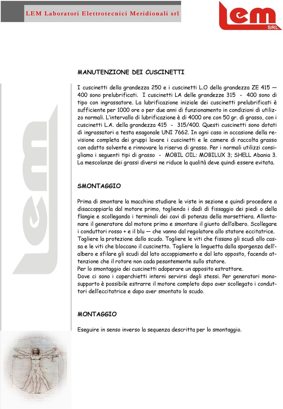 L intervallo di lubrificazione è di 4000 ore con 50 gr. di grasso, con i cuscinetti L.A. della grandezza 415-315/400. Questi cuscinetti sono dotati di ingrassatori a testa esagonale UNI 7662.