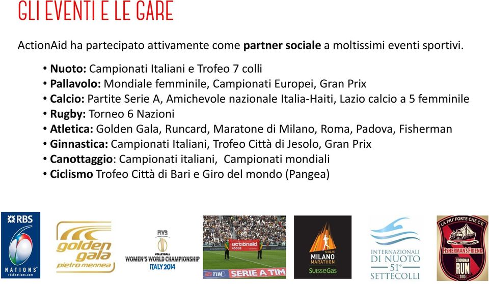 Amichevole nazionale Italia-Haiti, Lazio calcio a 5 femminile Rugby: Torneo 6 Nazioni Atletica: Golden Gala, Runcard, Maratone di Milano,