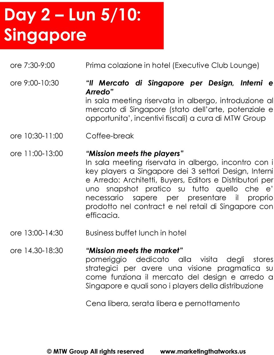 arte, potenziale e opportunita, incentivi fiscali) a cura di MTW Group Coffee-break Mission meets the players In sala meeting riservata in albergo, incontro con i key players a Singapore dei 3