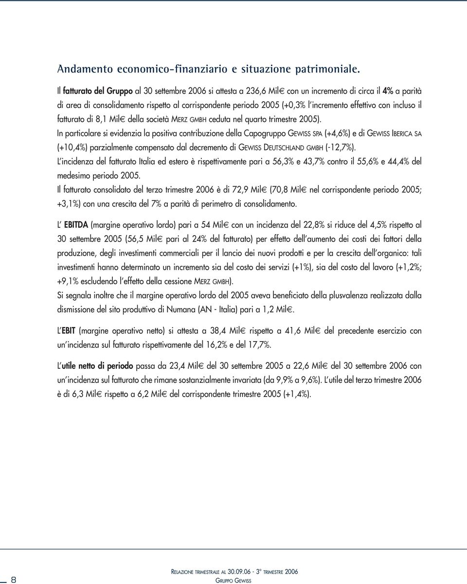 effettivo con incluso il fatturato di 8,1 Mil della società MERZ GMBH ceduta nel quarto trimestre 2005).