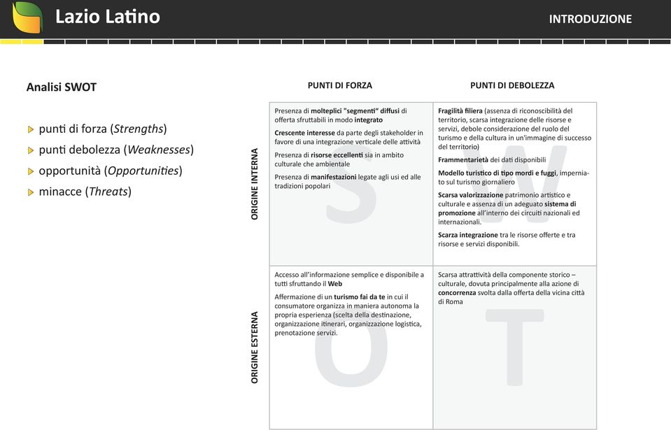 riconoscibilità del territorio, scarsa integrazione delle risorse e servizi, debole considerazione del ruolo del turismo e della cultura in un'immagine di successo del territorio) Frammentarietà dei