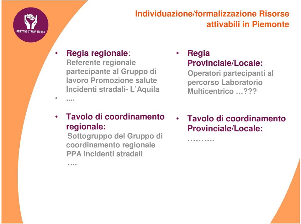 .. Tavolo di coordinamento regionale: Sottogruppo del Gruppo di coordinamento regionale PPA incidenti