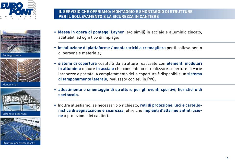 costituiti da strutture realizzate con elementi modulari in alluminio oppure in acciaio che consentono di realizzare coperture di varie larghezze e portate.