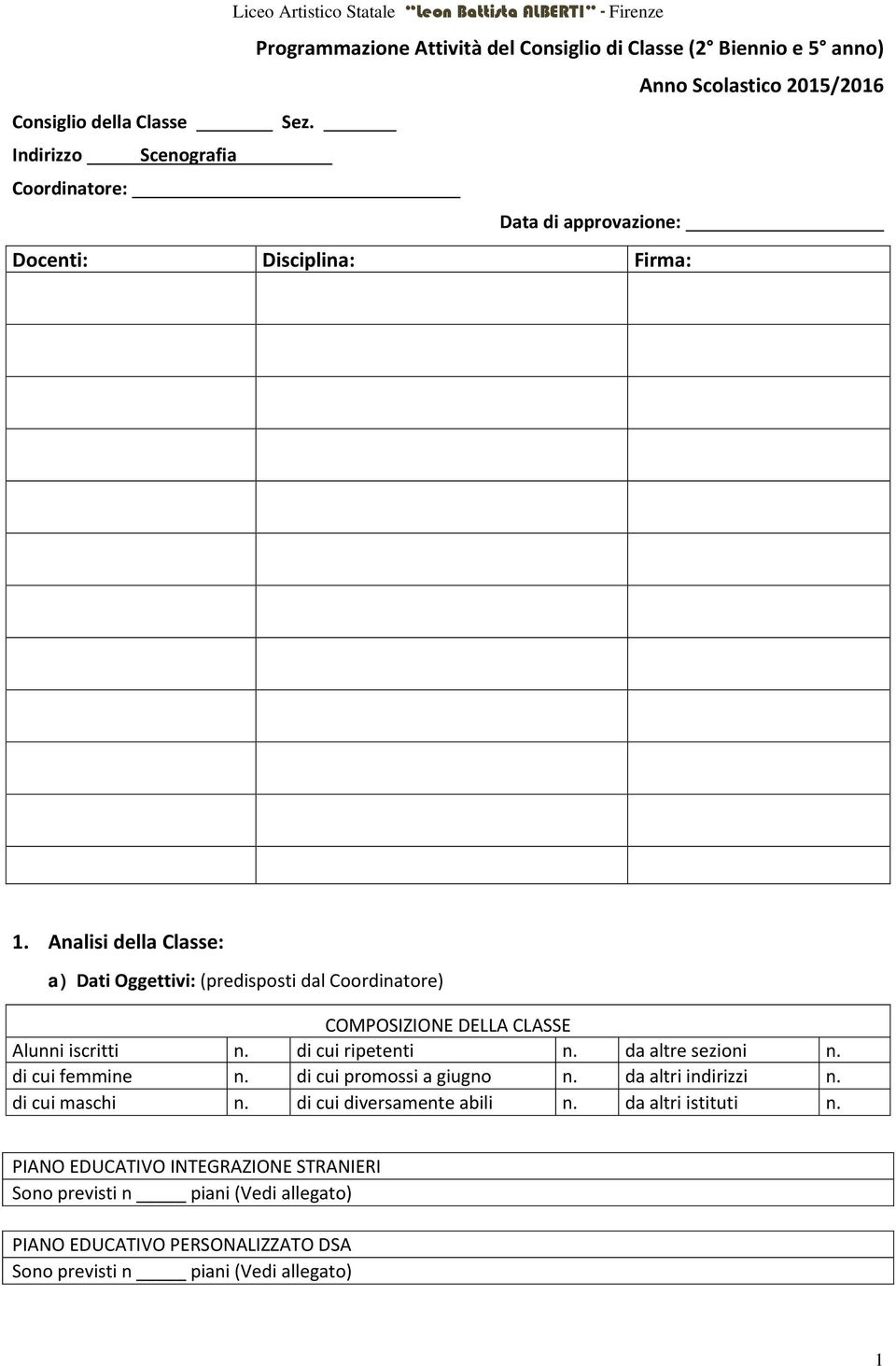 Analisi della Classe: a) Dati Oggettivi: (predisposti dal Coordinatore) COMPOSIZIONE DELLA CLASSE Alunni iscritti n. di cui ripetenti n. da altre sezioni n.