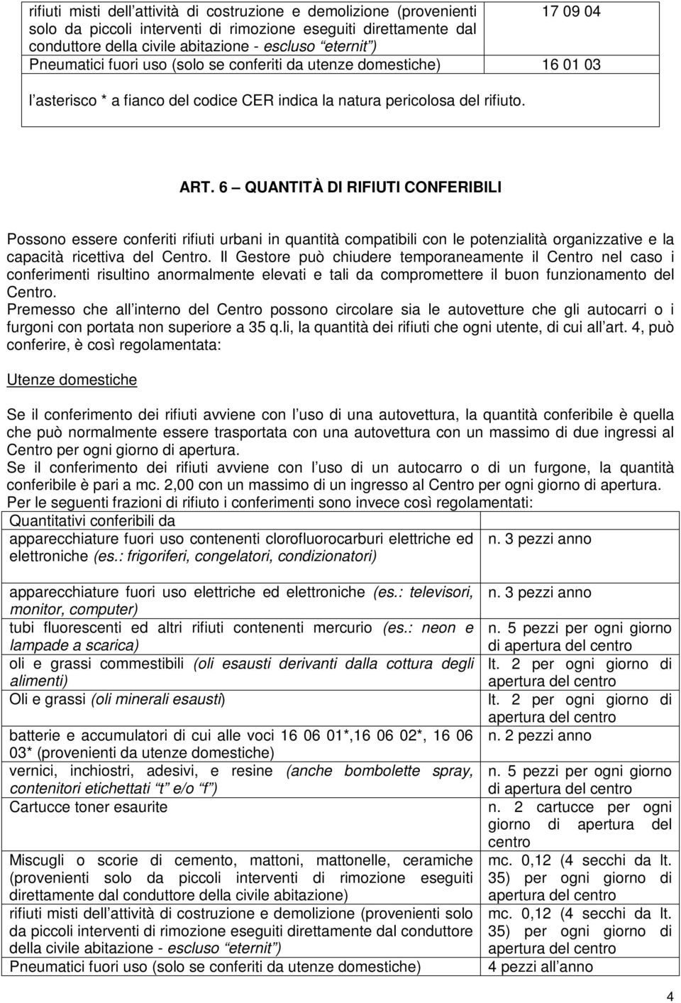 6 QUANTITÀ DI RIFIUTI CONFERIBILI Possono essere conferiti rifiuti urbani in quantità compatibili con le potenzialità organizzative e la capacità ricettiva del Centro.