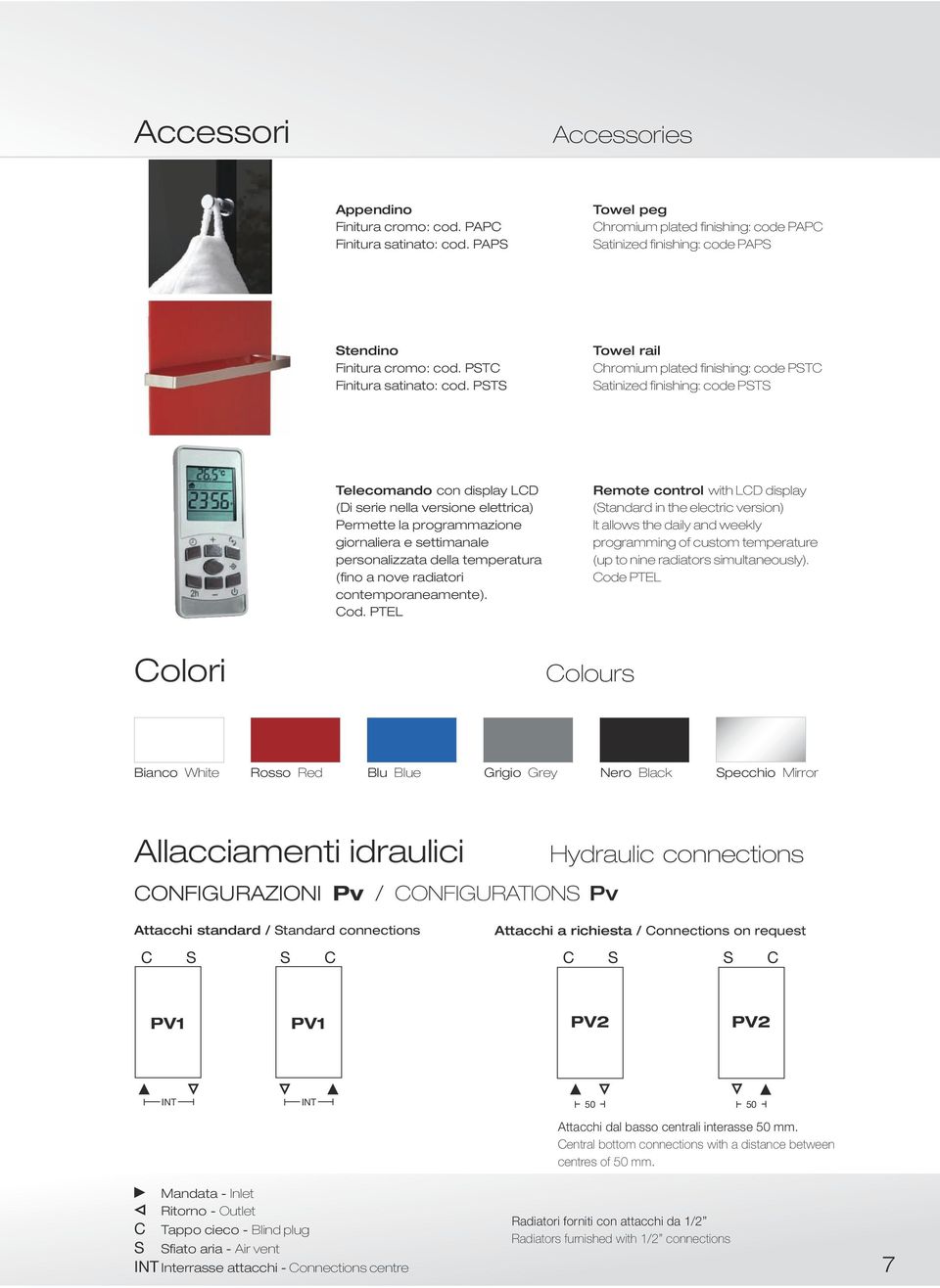 PSTS Towel rail Chromium plated finishing: code PSTC Satinized finishing: code PSTS Telecomando con display LCD (Di serie nella versione elettrica) Permette la programmazione giornaliera e