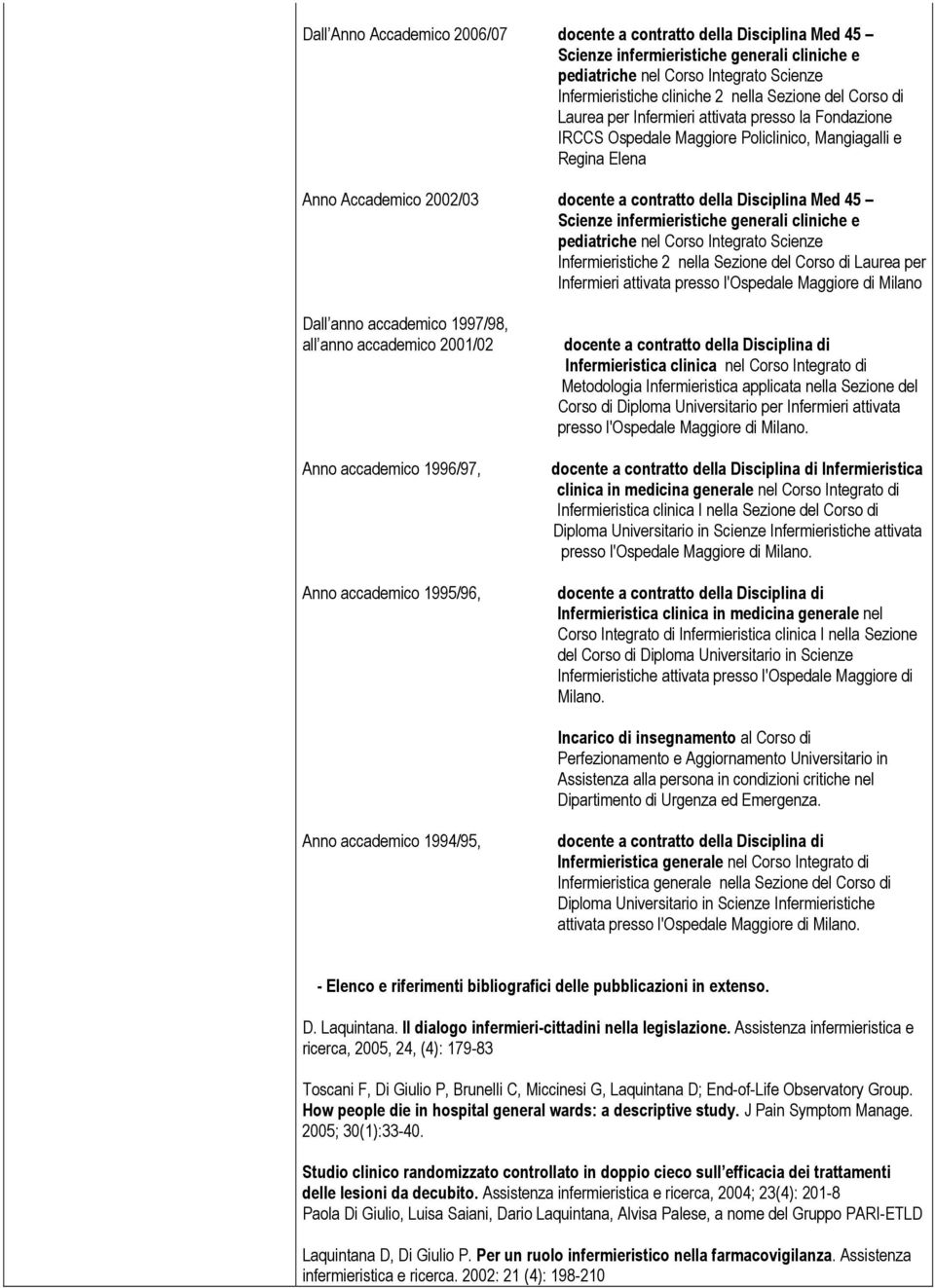 Scienze infermieristiche generali cliniche e pediatriche nel Corso Integrato Scienze Infermieristiche 2 nella Sezione del Corso di Laurea per Infermieri attivata presso l'ospedale Maggiore di Milano