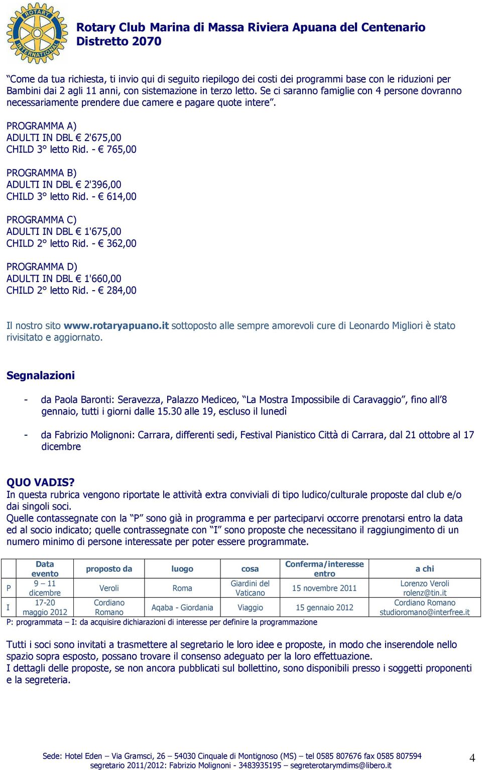 - 765,00 PROGRAMMA B) ADULTI IN DBL 2'396,00 CHILD 3 letto Rid. - 614,00 PROGRAMMA C) ADULTI IN DBL 1'675,00 CHILD 2 letto Rid. - 362,00 PROGRAMMA D) ADULTI IN DBL 1'660,00 CHILD 2 letto Rid.