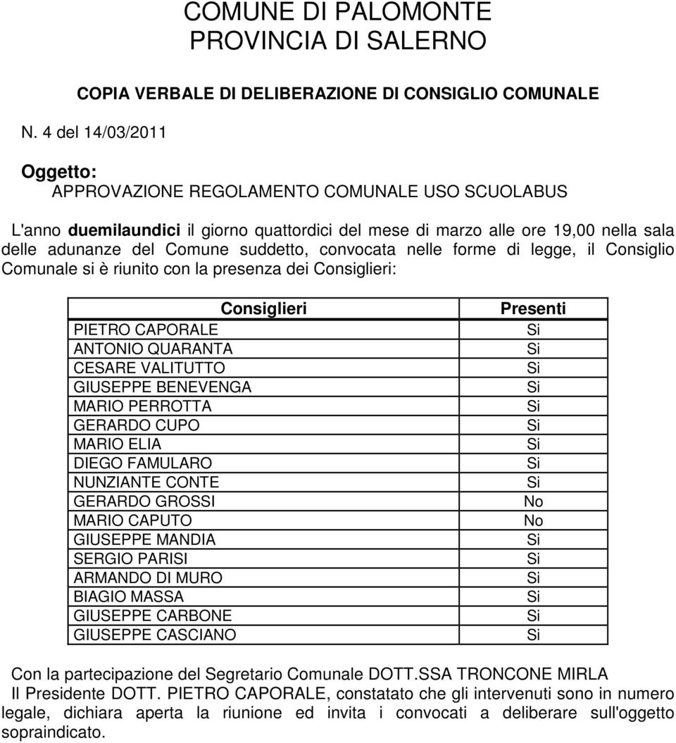 convocata nelle forme di legge, il Consiglio Comunale si è riunito con la presenza dei Consiglieri: Consiglieri PIETRO CAPORALE ANTONIO QUARANTA CESARE VALITUTTO GIUSEPPE BENEVENGA MARIO PERROTTA