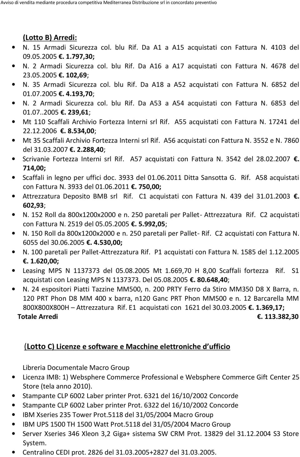 6853 del 01.07..2005. 239,61; Mt 110 Scaffali Archivio Fortezza Interni srl Rif. A55 acquistati con Fattura N. 17241 del 22.12.2006. 8.534,00; Mt 35 Scaffali Archivio Fortezza Interni srl Rif.