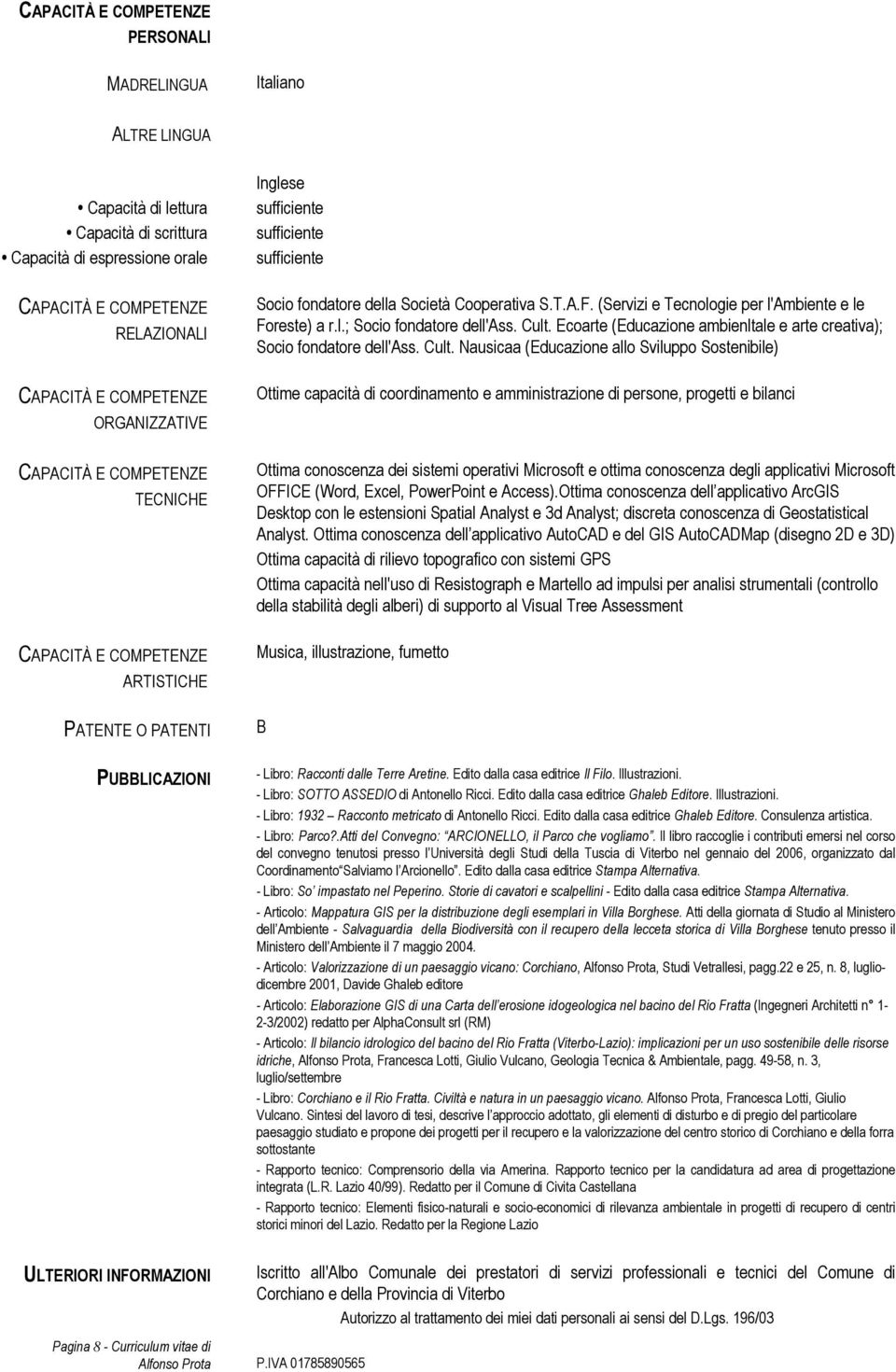 (Servizi e Tecnologie per l'ambiente e le Foreste) a r.l.; Socio fondatore dell'ass. Cult.