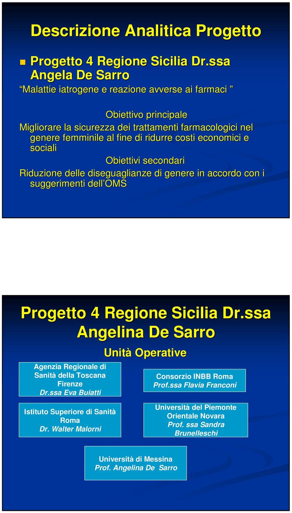 ridurre costi economici e sociali Riduzione delle diseguaglianze di genere in accordo con i suggerimenti dell OMS ssa Angelina De Sarro Agenzia Regionale di