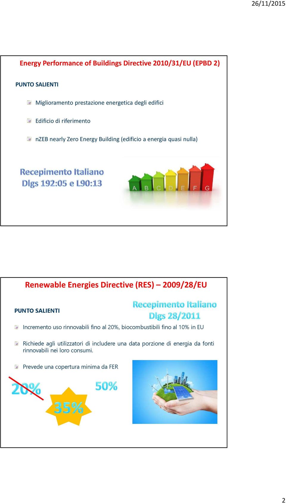 Directive (RES) 2009/28/EU PUNTO SALIENTI Incremento uso rinnovabili fino al 20%, biocombustibili fino al 10% in EU Richiede