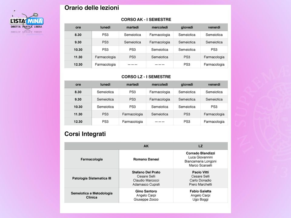 30 Farmacologia PS3 Farmacologia CORSO LZ - I SEMESTRE ore lunedì martedì mercoledì giovedì venerdì 8.30 Semeiotica PS3 Farmacologia Semeiotica Semeiotica 9.