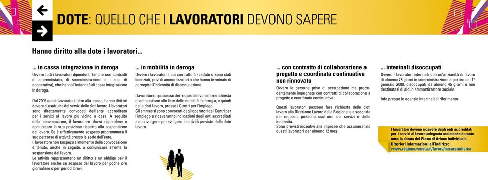 integrazione in deroga. Dal 2009 questi lavoratori, oltre alla cassa, hanno diritto/ dovere di usufruire dei servizi delle doti lavoro.