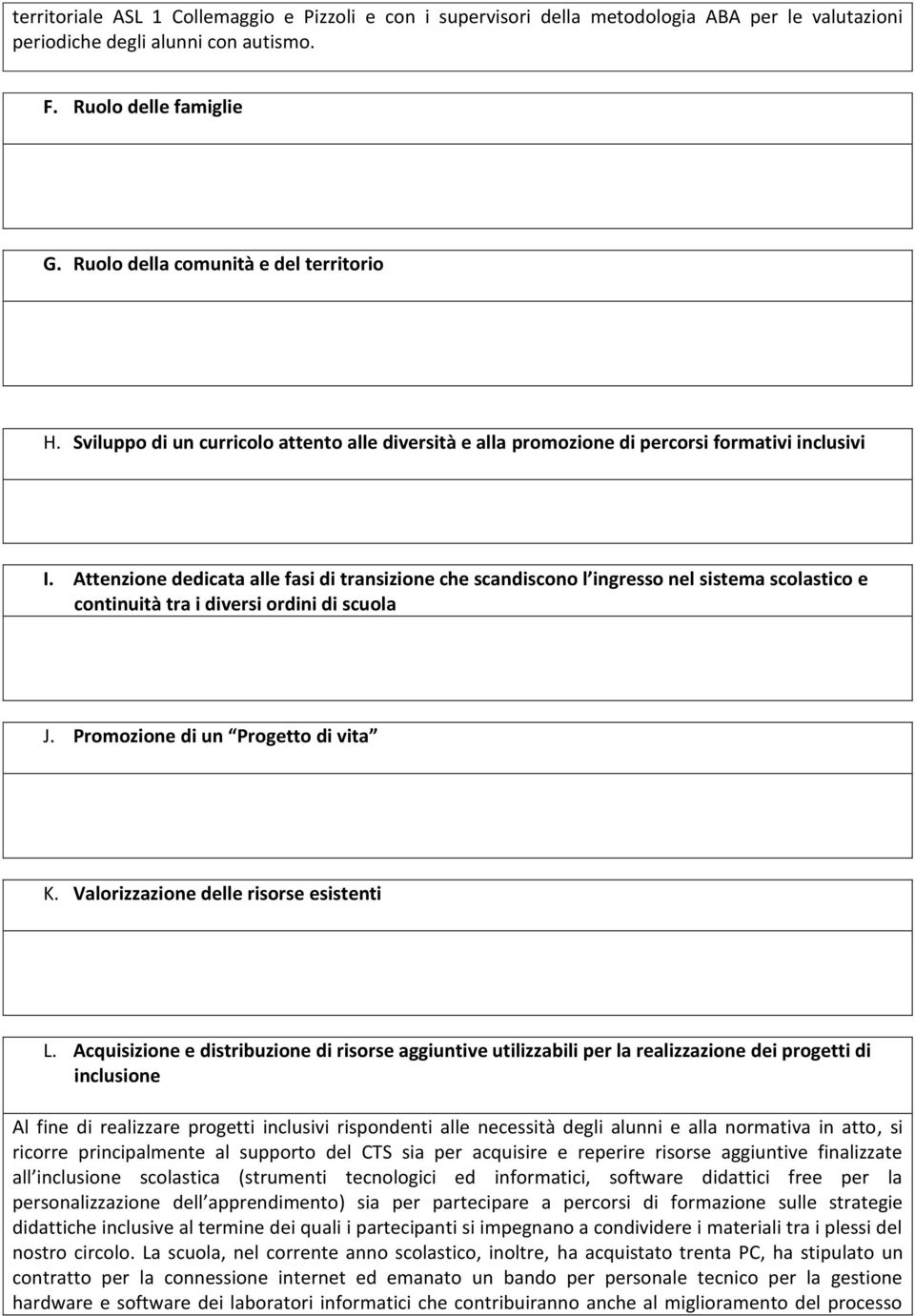 Attenzione dedicata alle fa di tranzione che scandiscono l ingresso nel stema scolastico e continuità tra i diver ordini di scuola J. Promozione di un Progetto di vita K.