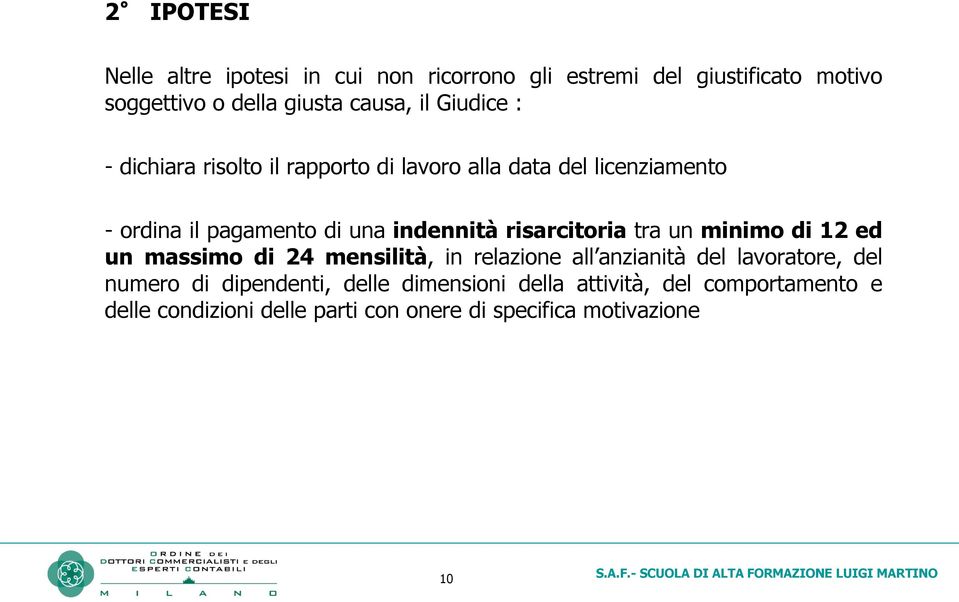 risarcitoria tra un minimo di 12 ed un massimo di 24 mensilità, in relazione all anzianità del lavoratore, del numero di