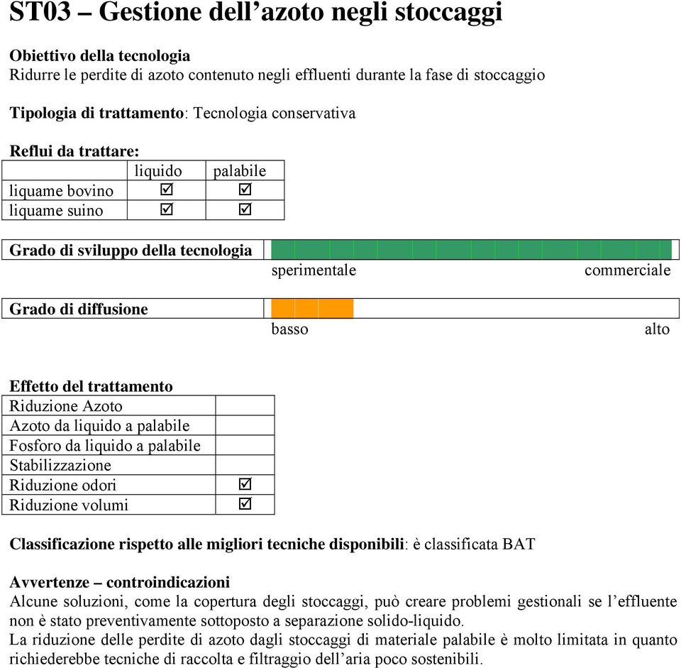 Riduzione Azoto Azoto da liquido a palabile Fosforo da liquido a palabile Stabilizzazione Riduzione odori Riduzione volumi Classificazione rispetto alle migliori tecniche disponibili: è classificata