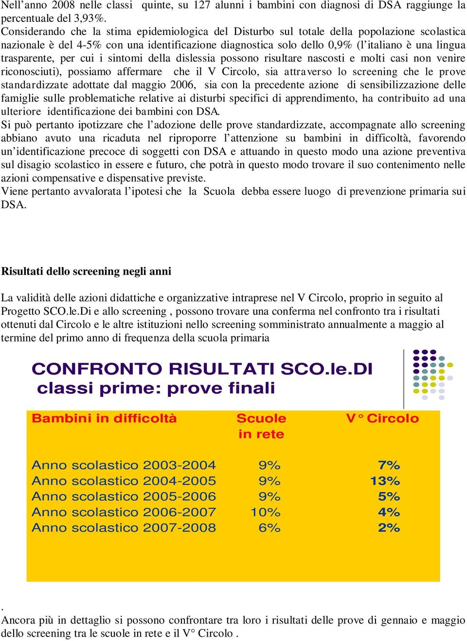 trasparente, per cui i sintomi della dislessia possono risultare nascosti e molti casi non venire riconosciuti), possiamo affermare che il V Circolo, sia attraverso lo screening che le prove