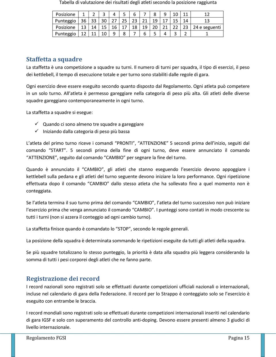 Il numero di turni per squadra, il tipo di esercizi, il peso dei kettlebell, il tempo di esecuzione totale e per turno sono stabiliti dalle regole di gara.