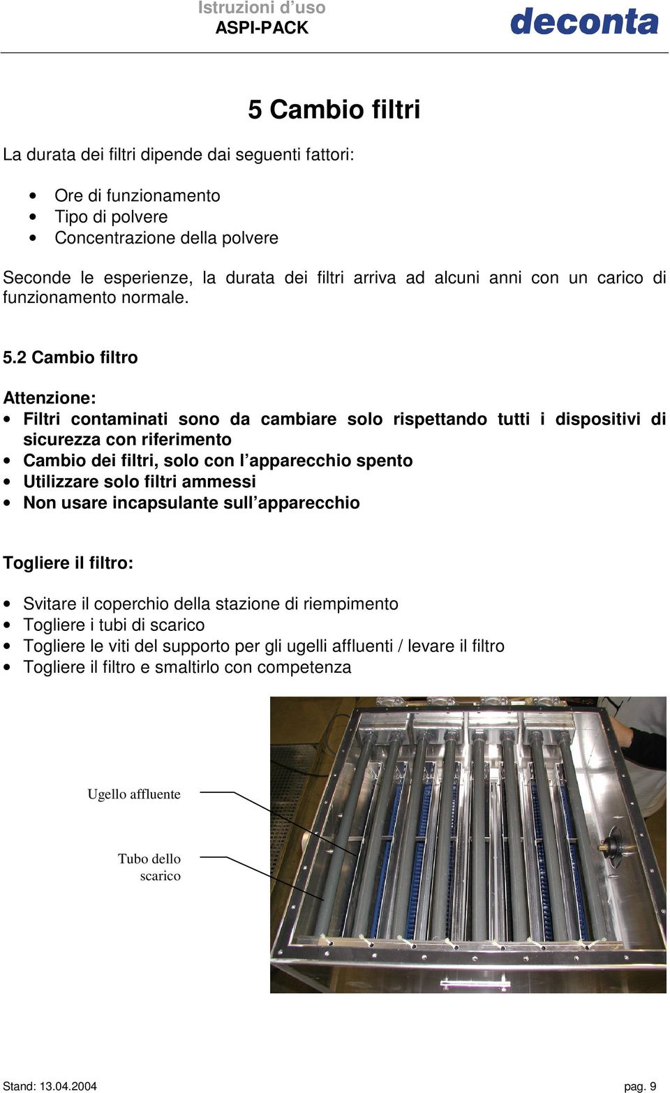 2 Cambio filtro Attenzione: Filtri contaminati sono da cambiare solo rispettando tutti i dispositivi di sicurezza con riferimento Cambio dei filtri, solo con l apparecchio spento Utilizzare